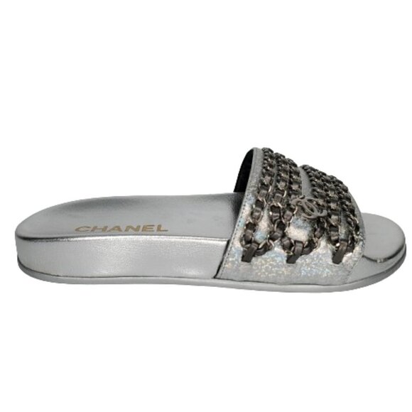Chanel Metallic CC Chain Embellished Slides - Picture 1 of 9